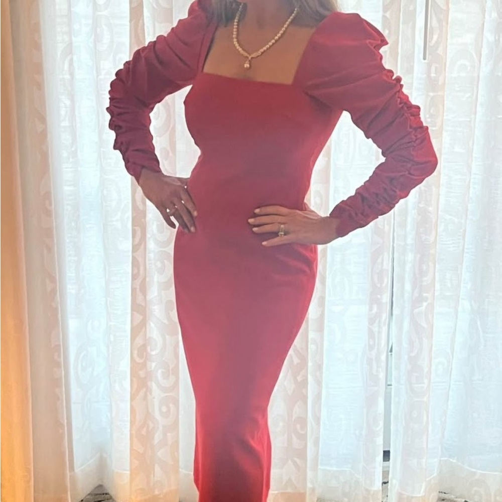 ANTONIO MELANI Red Ruched Puff Sleeve Cocktail Dress
